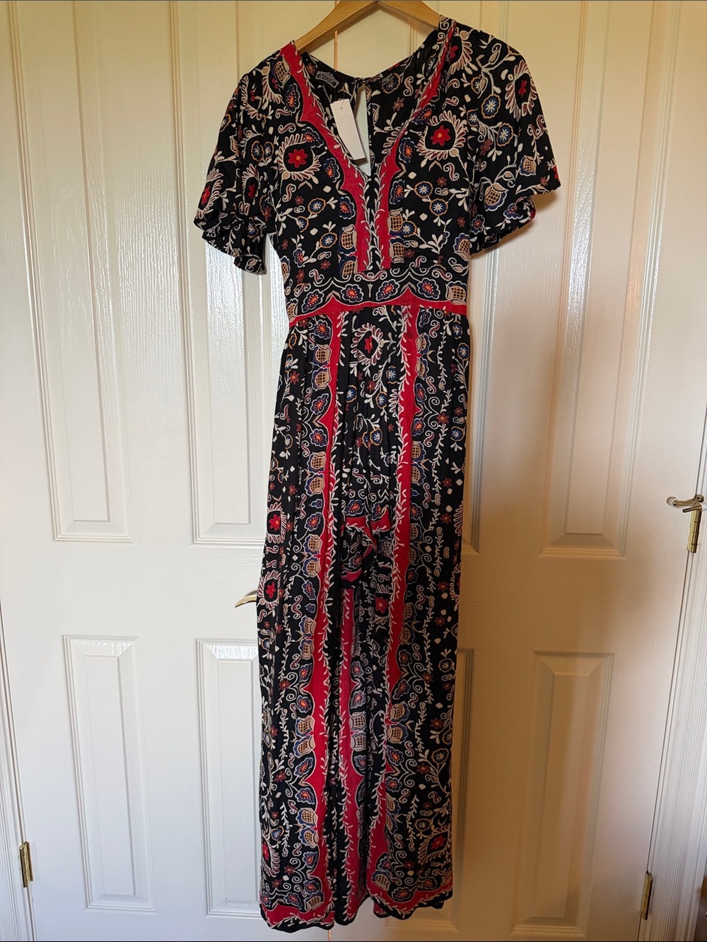 Angie Black Maxi Dress with Red Paisley Trim